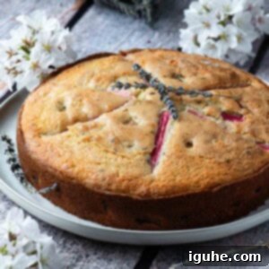 Rhubarb and Lavender Cake 8 Lavender rhubarb cake on a white plate surrounded by flowers.