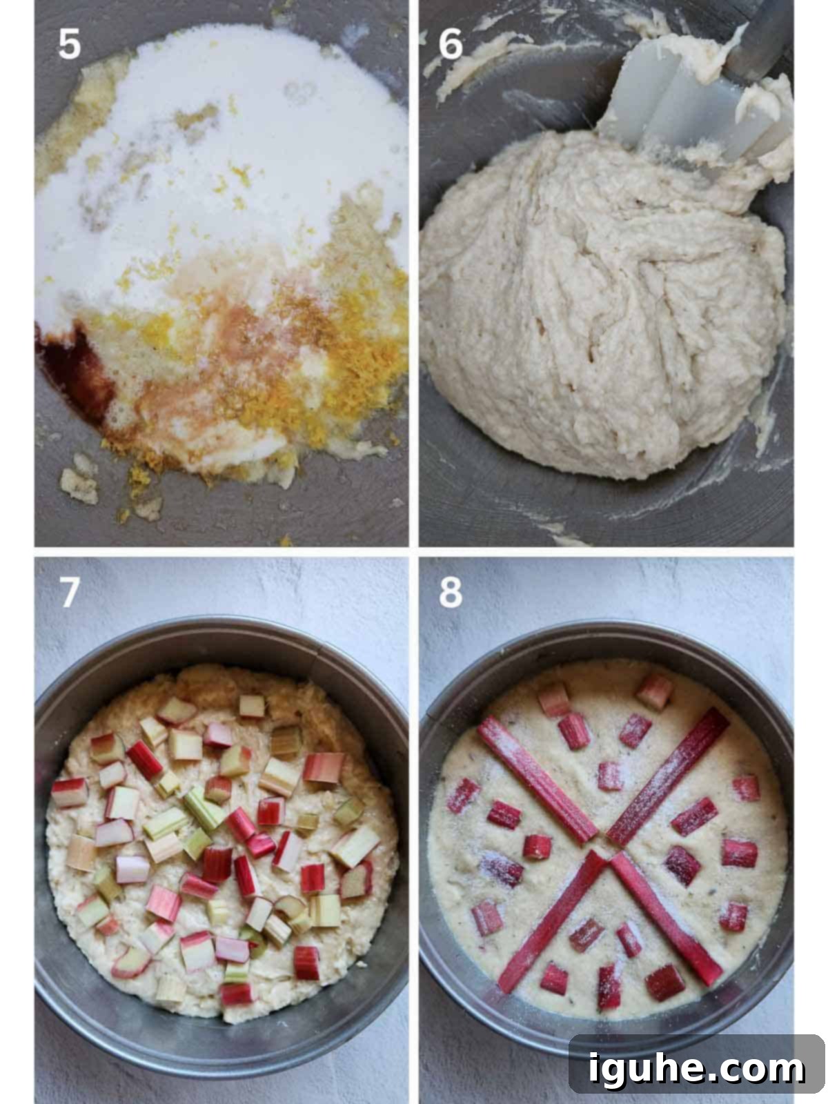 Rhubarb and Lavender Cake 5 A collage of four images showing how to make rhubarb cake.