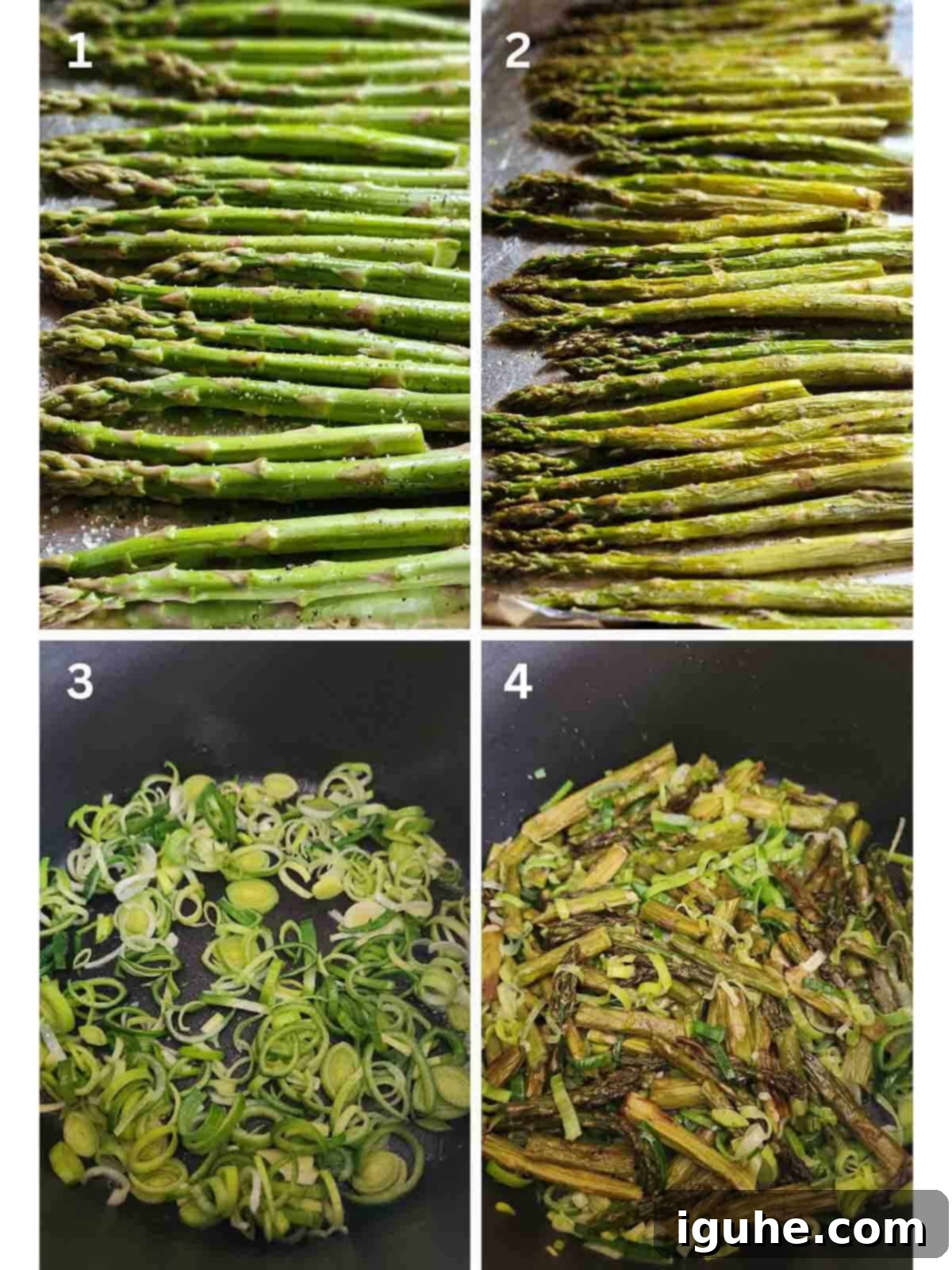 Velvety Asparagus Leek Soup 4 A collage of steps to make asparagus leek soup.