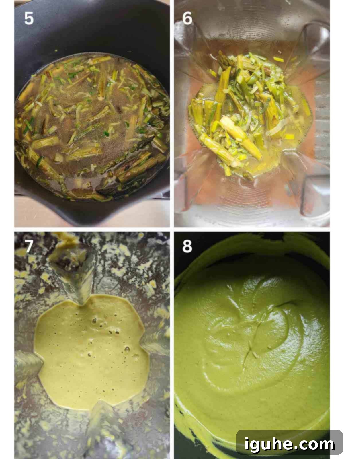 Velvety Asparagus Leek Soup 5 A collage of 4 steps to make asparagus leek soup.