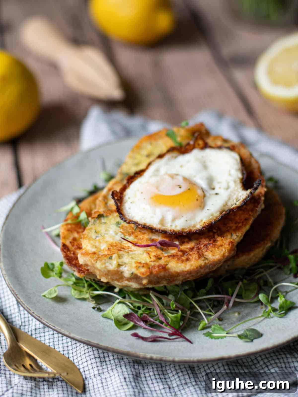Parmesan, Lemon and Herb Savory French Toast 11 Angled view of savory French toast with a fried egg on top over greens.