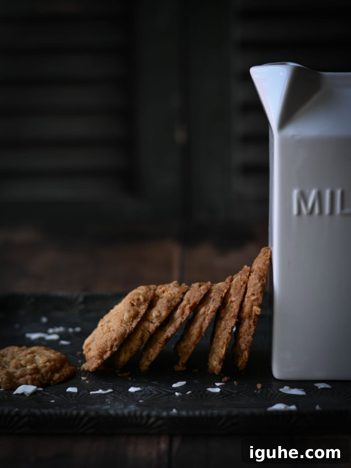 Two golden coconut oatmeal cookies leaning against a vintage white milk carton, ready for a delicious snack.