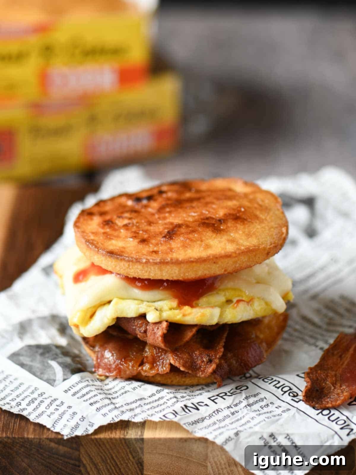 A perfectly assembled Corn Toaster Cake Breakfast Sandwich, cut in half to show the delicious layers of bacon, egg, and cheese, resting on a wooden cutting board with a hint of maple syrup.