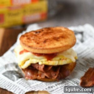 A delicious Corn Toaster Cake Breakfast Sandwich with bacon, egg, and cheese, served on deli paper.