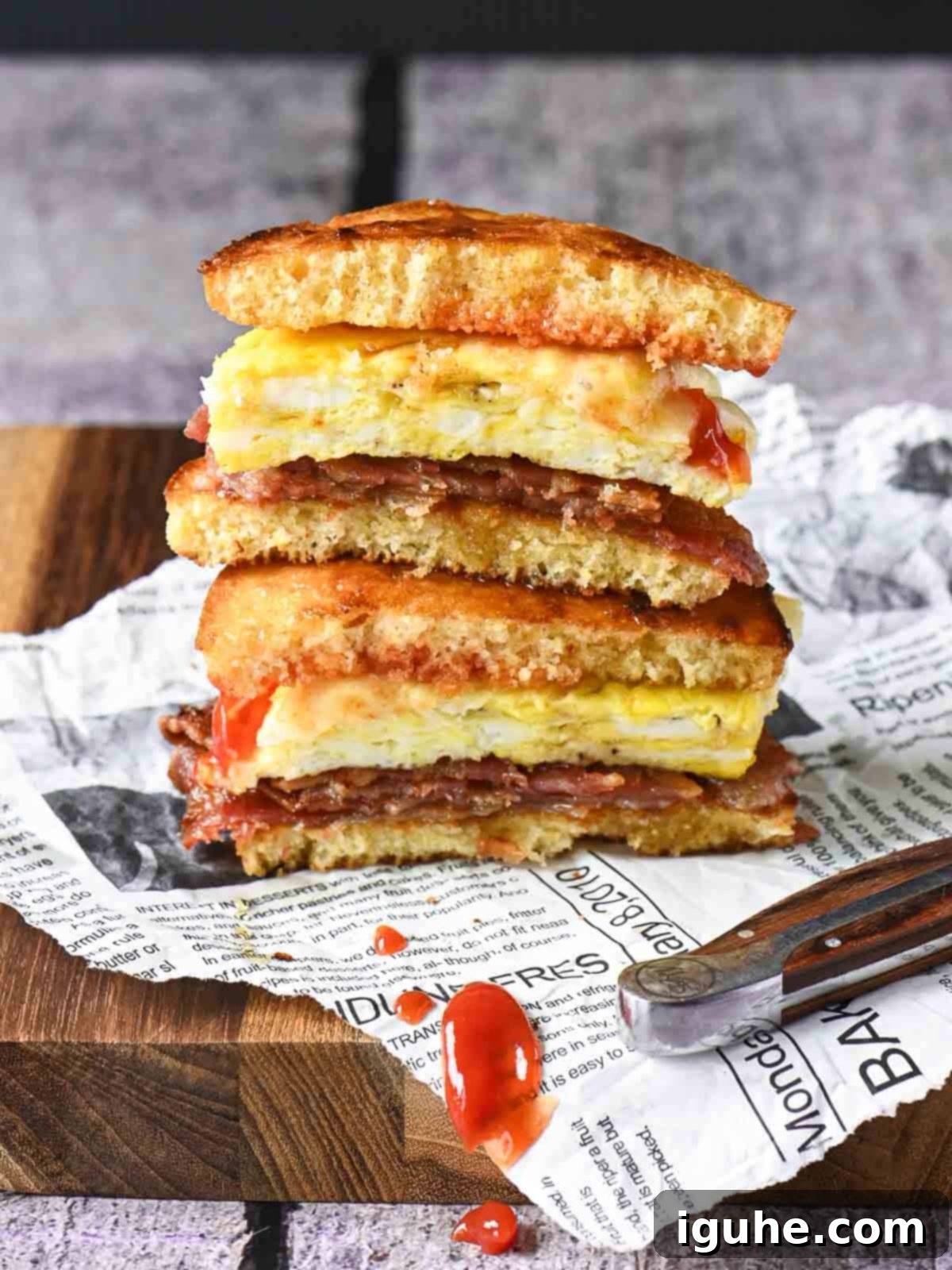 Several stacked breakfast sandwiches, artfully arranged on a cutting board, with one sandwich split open to reveal the perfectly cooked egg, crispy bacon, and melted cheese inside, all nestled between golden corn toaster cakes.