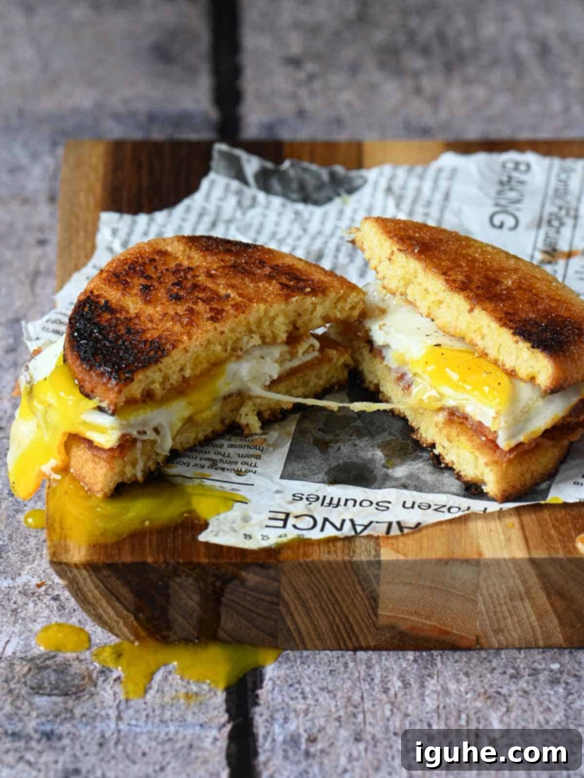 A delectable toaster cake breakfast sandwich, sliced cleanly in half to showcase its inviting layers of golden corn cake, savory bacon, fluffy egg, and gooey melted cheese, artfully arranged on a wooden cutting board.