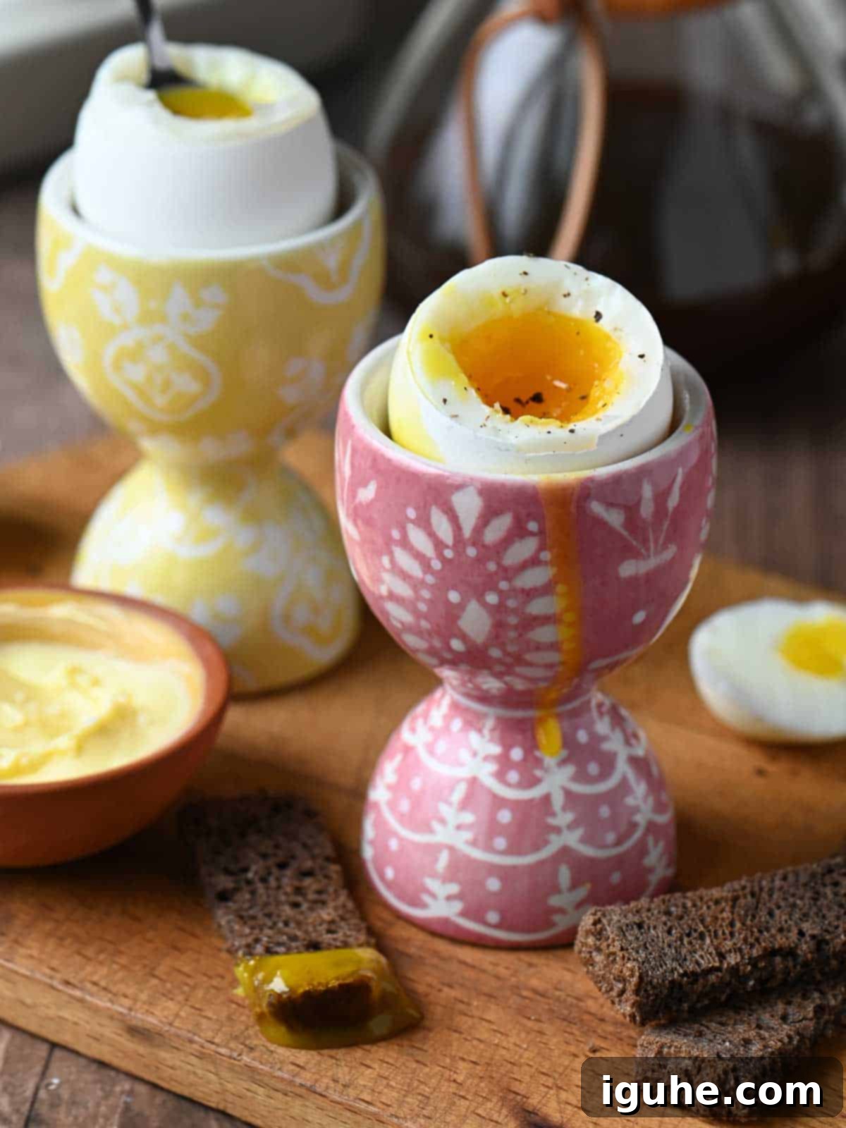 Perfectly Runny Eggs With Toasted Rye 9 Close up of a perfectly soft boiled egg nestled in a pink egg cup, resting on a rustic wooden board.