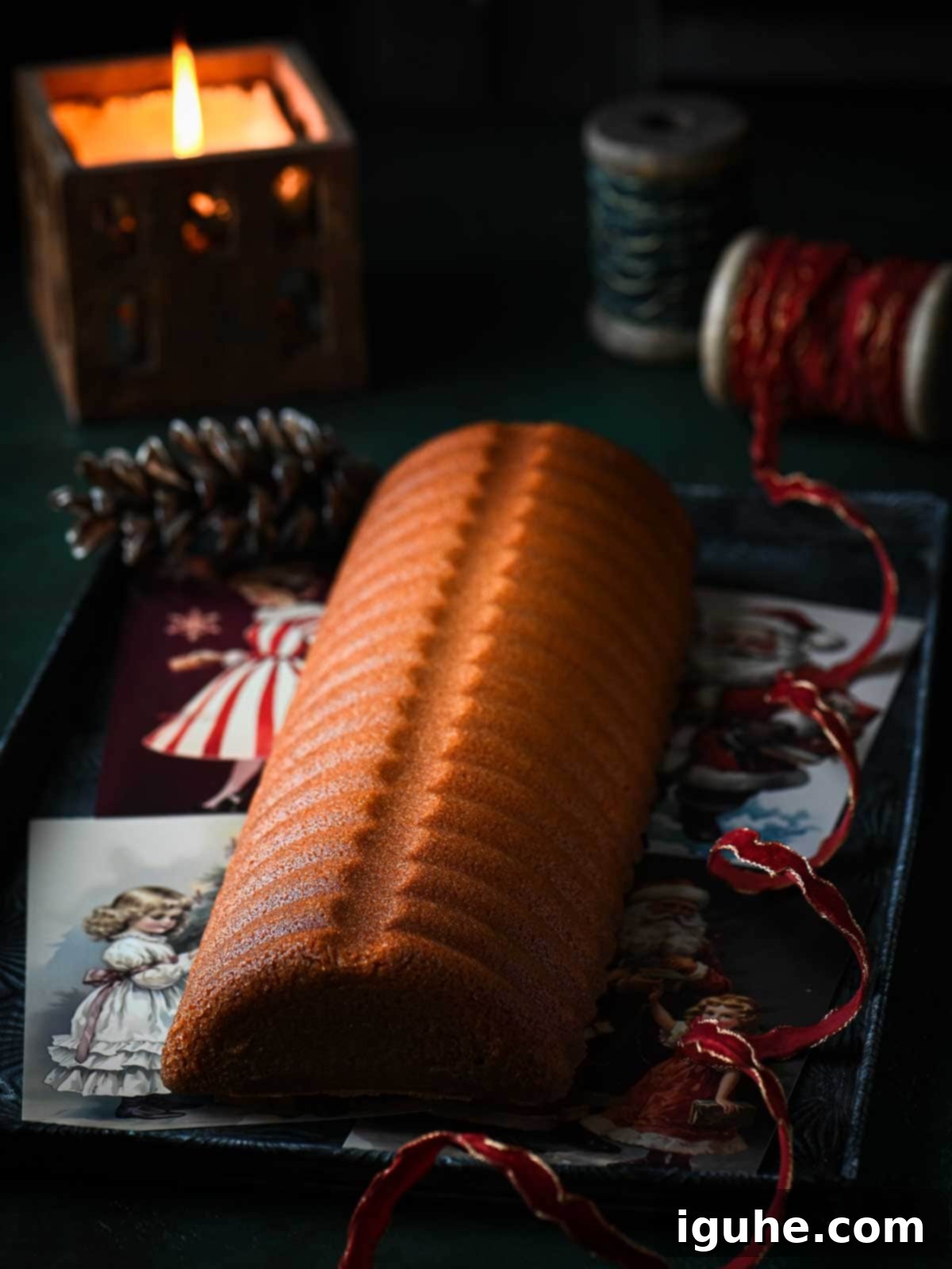 Moody picture of an almond cake with no decorations highlighting the ridges of the cake. Showcasing the simple beauty of this Scandinavian almond cake.