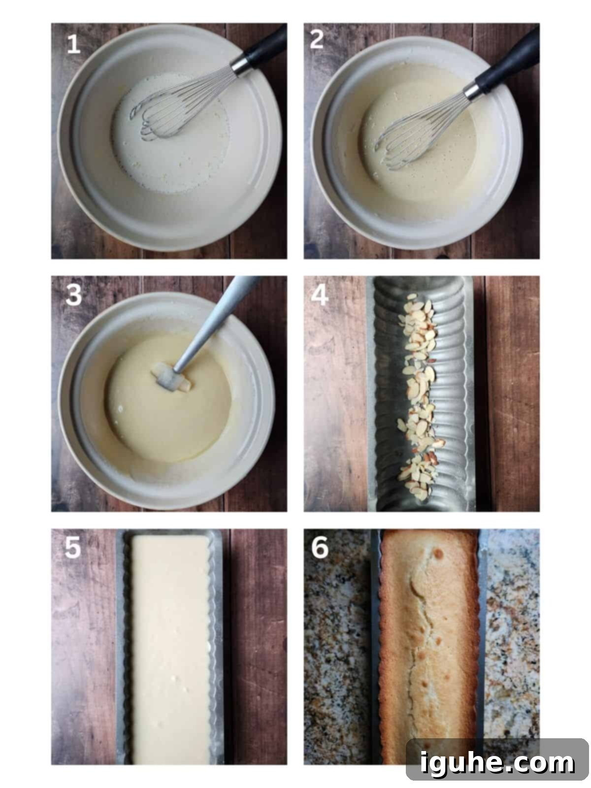 A six picture collage showing how to make an almond cake in one bowl. Illustrating the simple steps of making this delicious Scandinavian almond cake.