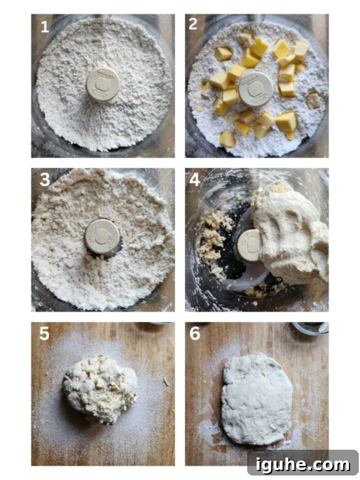 Cake Flour Biscuits 4 A six-picture collage illustrating the biscuit dough-making process: pulsing dry ingredients, adding butter, pulsing until pea-sized, adding buttermilk, gathering dough, and rolling into a rectangle.