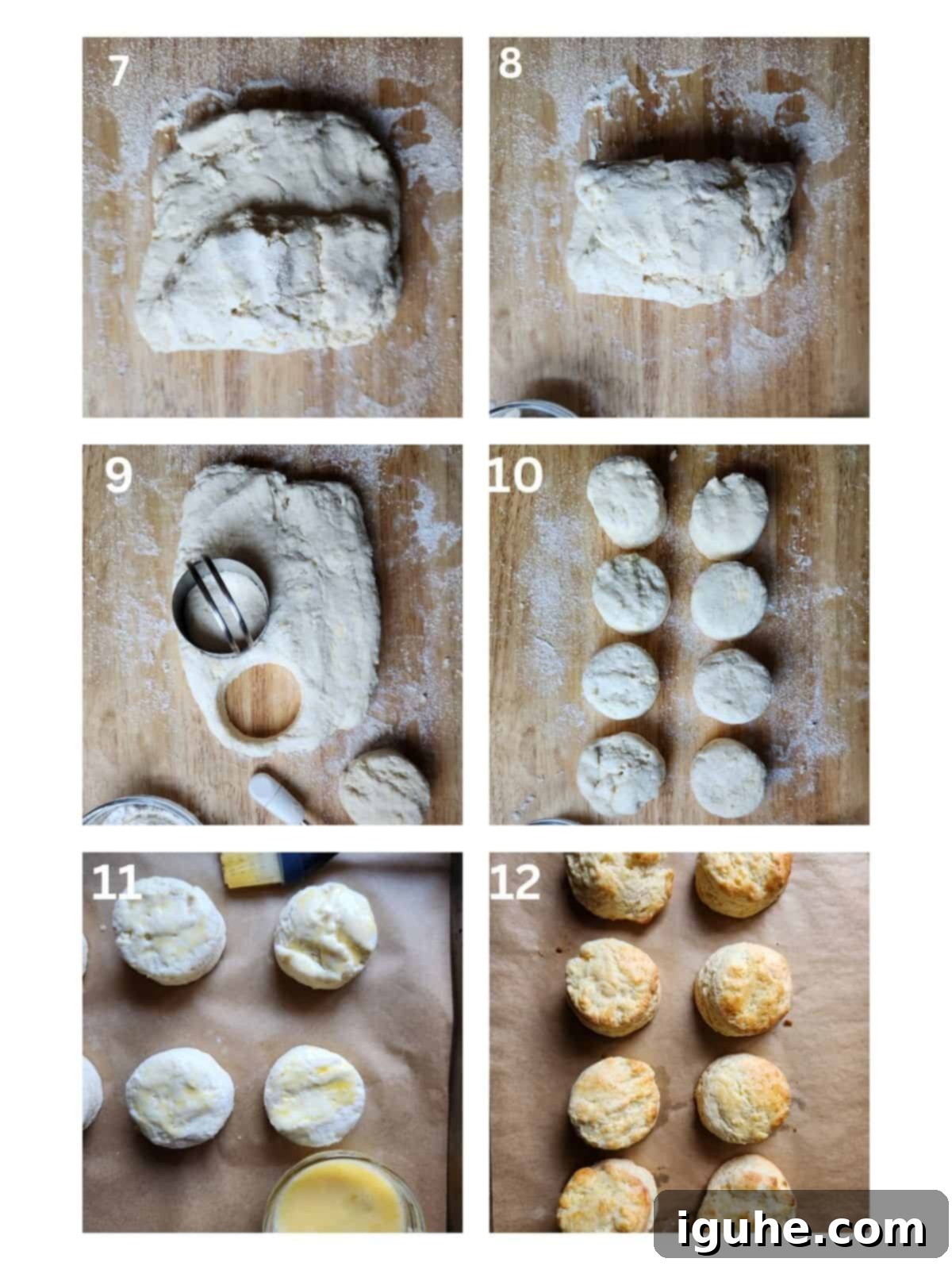 Cake Flour Biscuits 5 A six-picture collage showing how to roll and cut cake flour biscuits: folding dough in thirds, folding again, cutting with a biscuit cutter, refolding scraps, chilling, and brushing with egg wash.