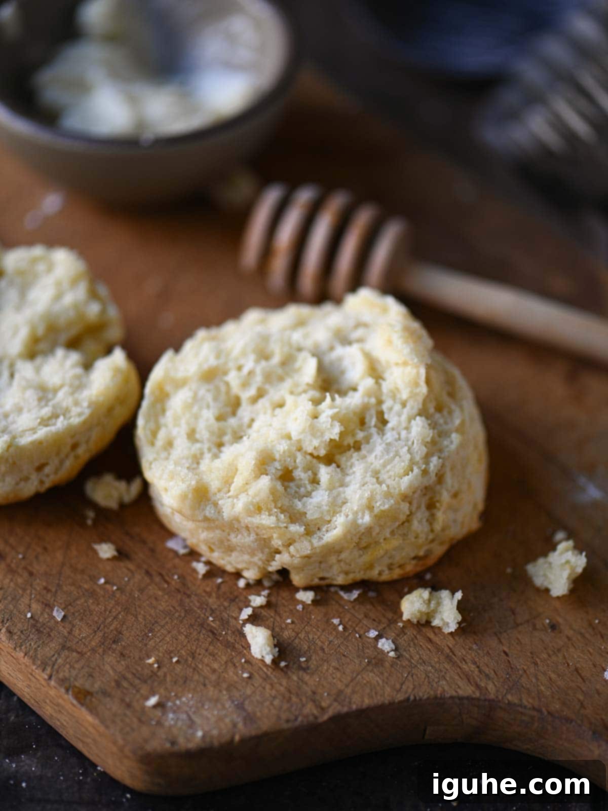 Cake Flour Biscuits 6 A close-up of a cut cake flour biscuit revealing its incredibly fluffy and tender texture.