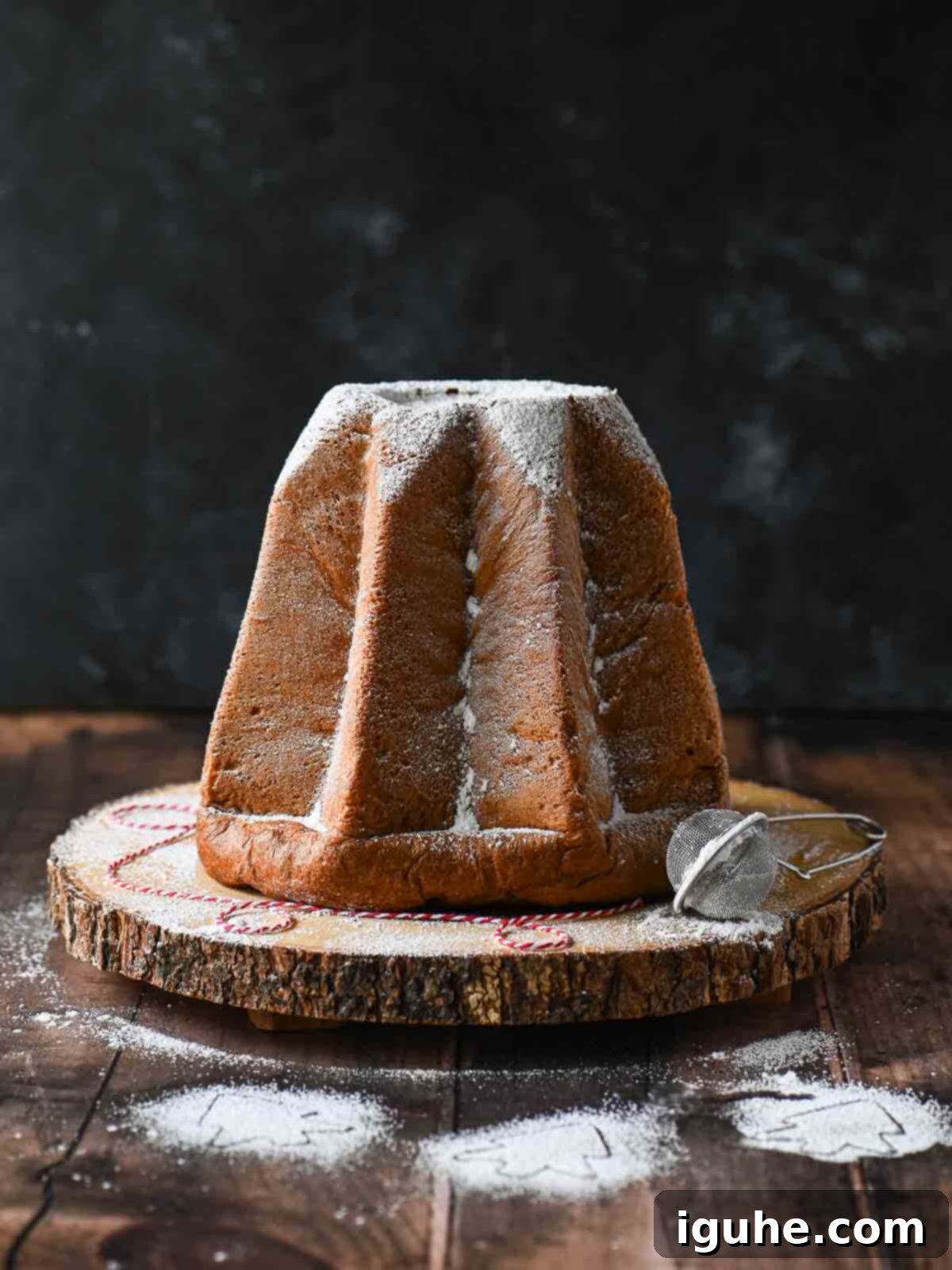 Italian pandoro on a wood board with powdered sugar on top.