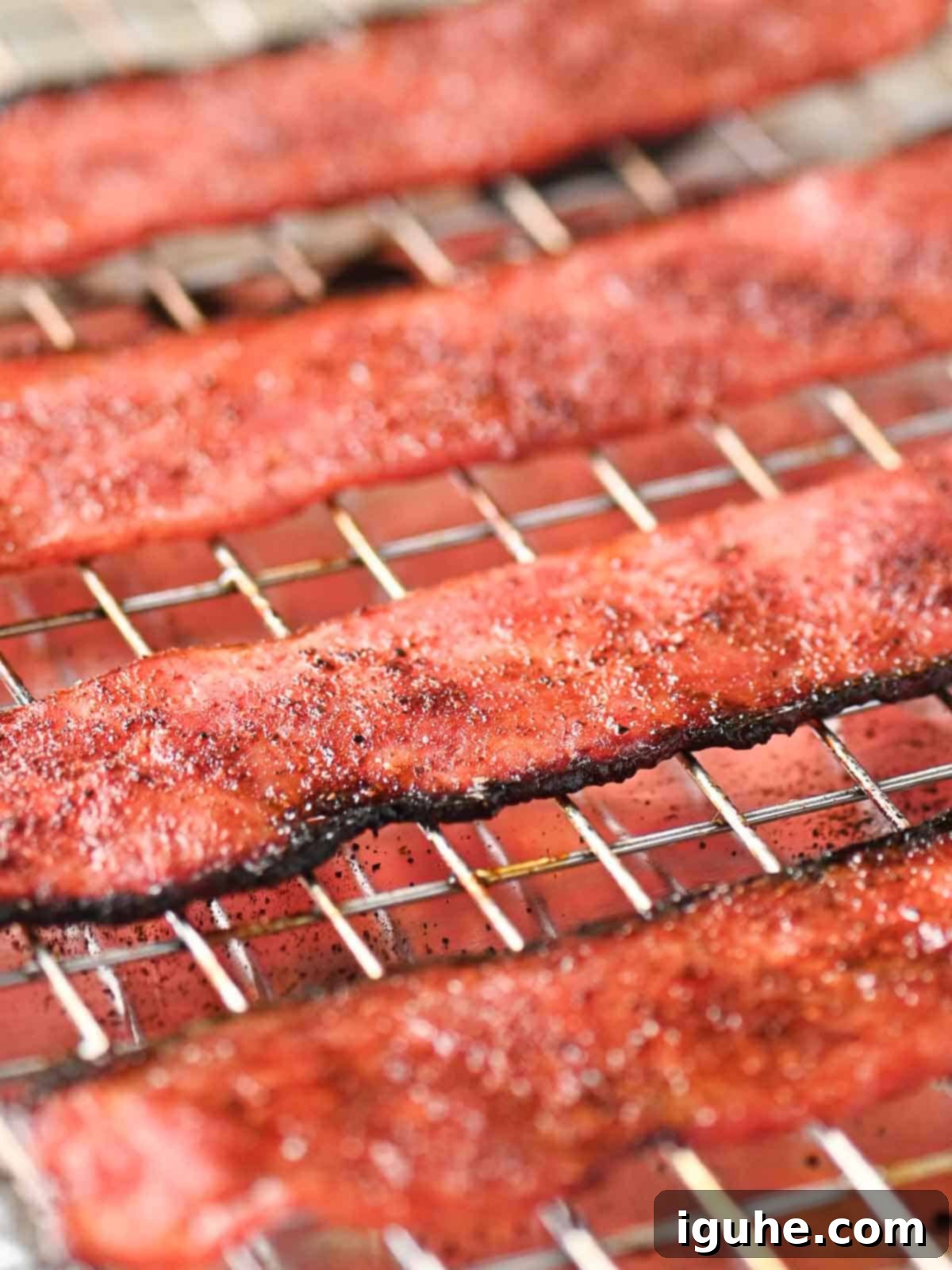Honey Chipotle Turkey Bacon Bliss 3 Close-up of crispy, cooked honey chipotle turkey bacon on a wire rack, highlighting the caramelized glaze and smoky seasoning.
