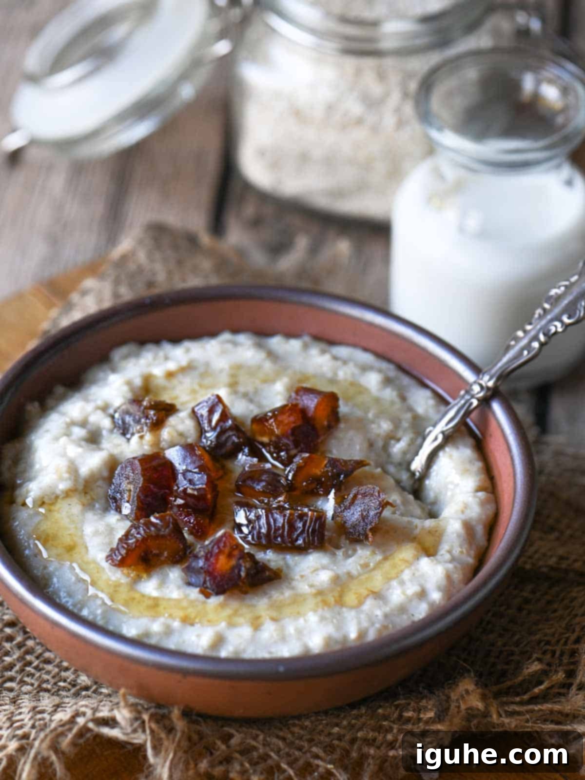 Dates and Honey: A Twist on Classic Scottish Oatmeal 2 A tempting bowl of Scottish Oatmeal adorned with sweet dates and drizzled with golden honey.