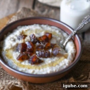 Dates and Honey: A Twist on Classic Scottish Oatmeal 9 A perfectly styled bowl of creamy Scottish oatmeal with honey and dates, spoon at the ready.