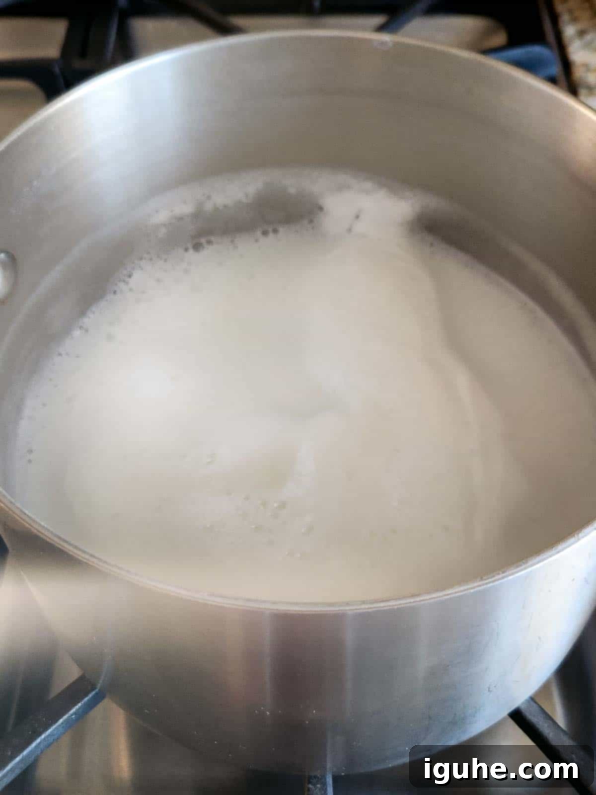 Dates and Honey: A Twist on Classic Scottish Oatmeal 4 Boiling milk in a gleaming stainless steel pot, ready for the oats.