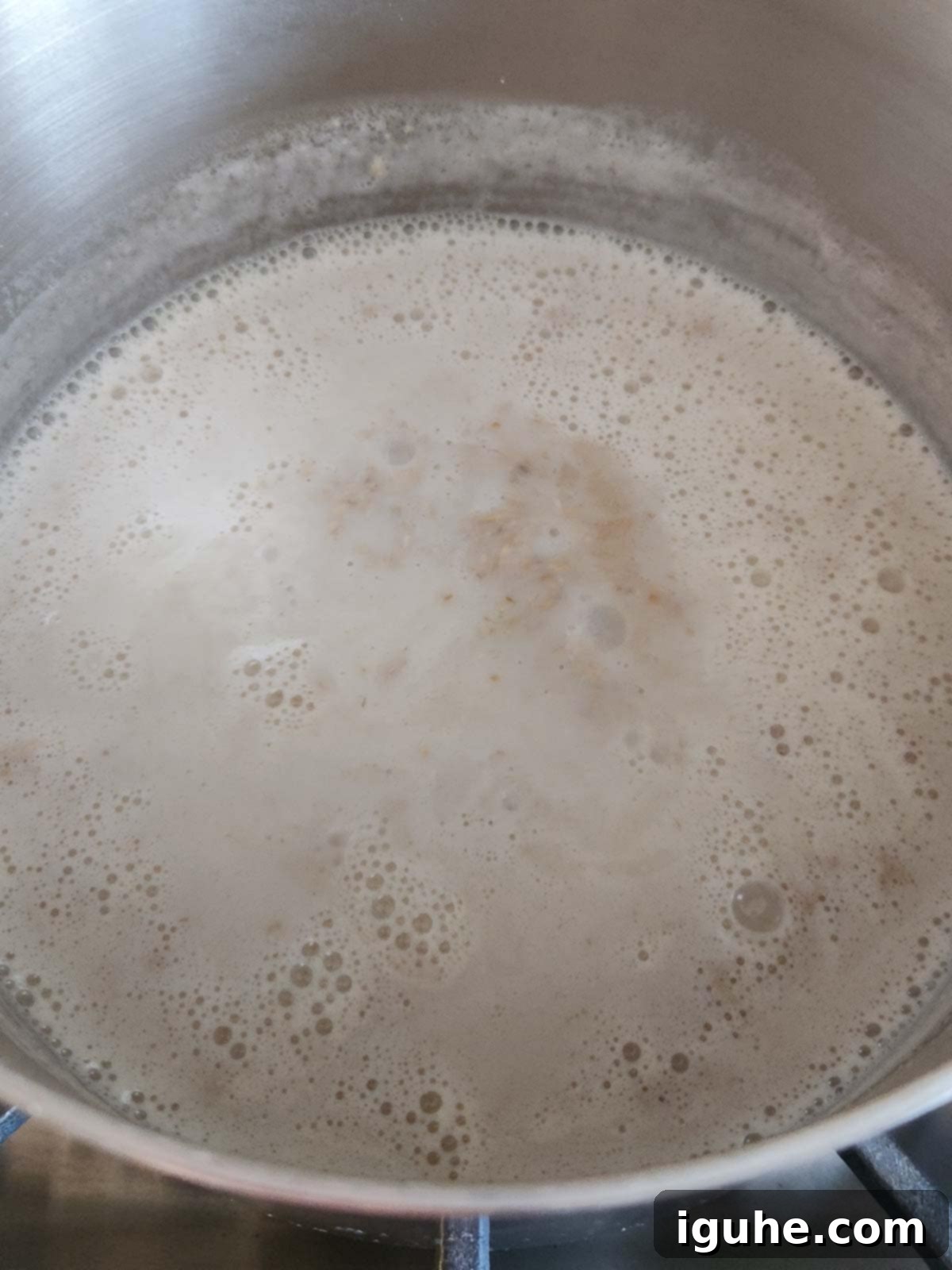 Dates and Honey: A Twist on Classic Scottish Oatmeal 5 Scottish oatmeal gently simmering in a stainless steel pot on the stovetop.