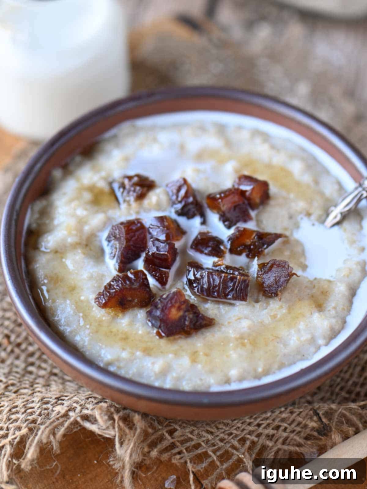 Dates and Honey: A Twist on Classic Scottish Oatmeal 7 An angled view of a bowl of Scottish oatmeal with chopped dates artfully arranged on top.