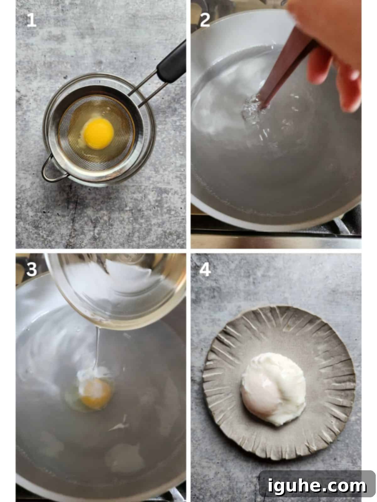 Chili Butter Poached Eggs with Garlicky Yogurt 4 A collage of four images demonstrating the technique of poaching eggs in a pot of simmering water.