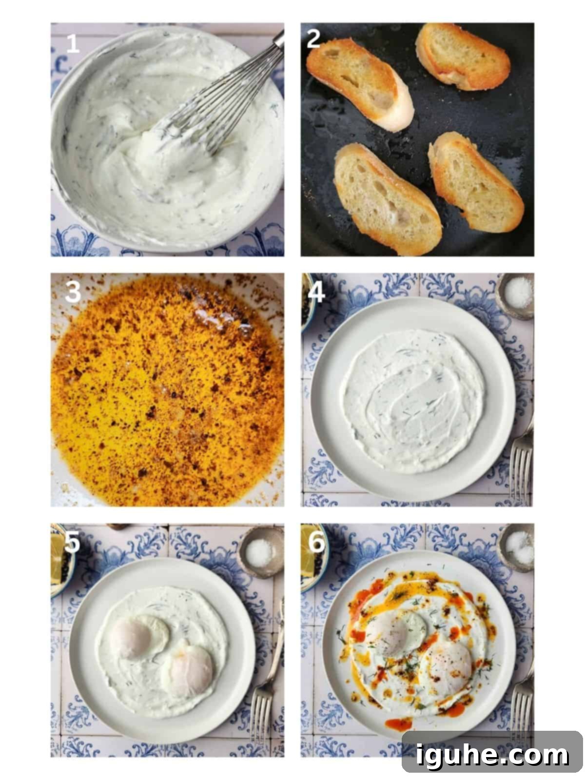 Chili Butter Poached Eggs with Garlicky Yogurt 5 A collage of six images illustrating each step of assembling the chili poached eggs dish.