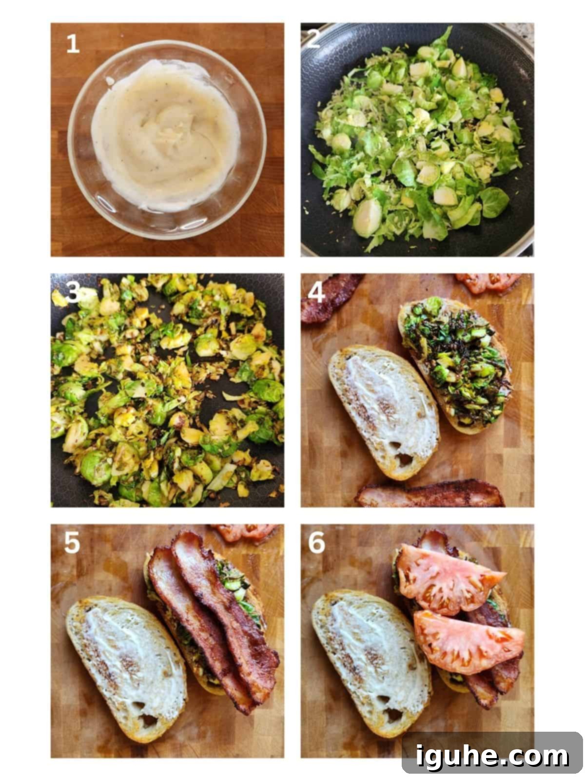 Crispy Brussels Sprout BLT 5 A collage of six images showing how to make a brussel sprout BLT.