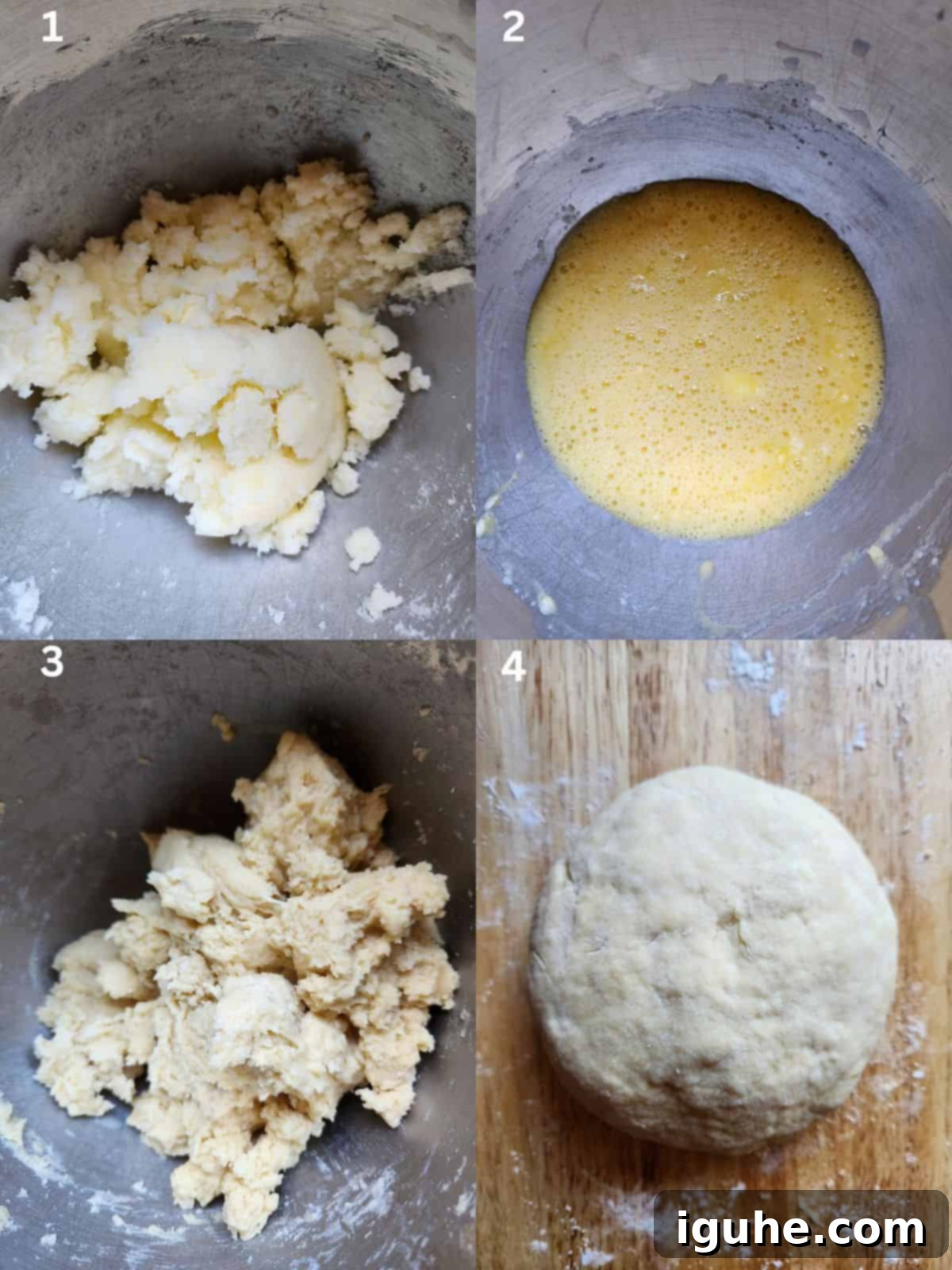 Honey-Drizzled Italian Dough Balls 4 A four-picture collage illustrating the dough mixing process in a stand mixer.