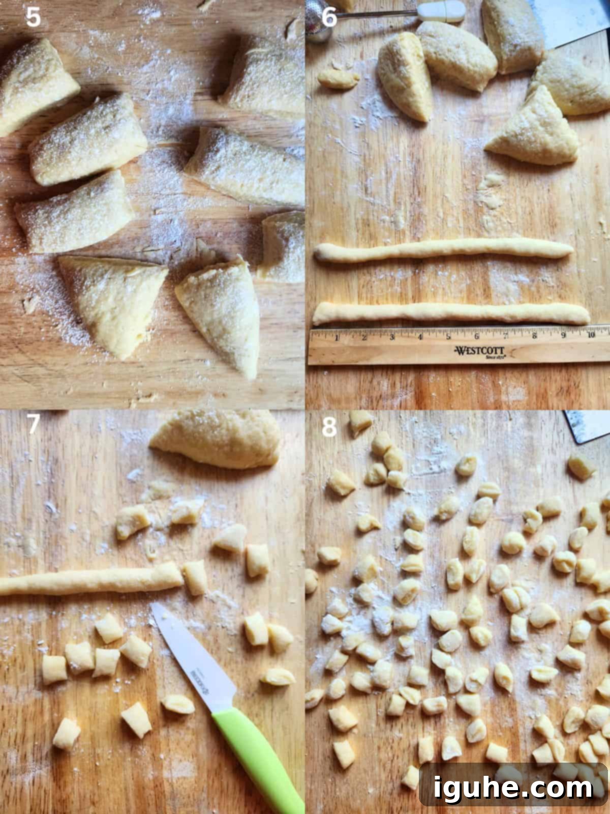 Honey-Drizzled Italian Dough Balls 5 A four-picture collage demonstrating how to roll and cut struffoli dough on a wooden board.