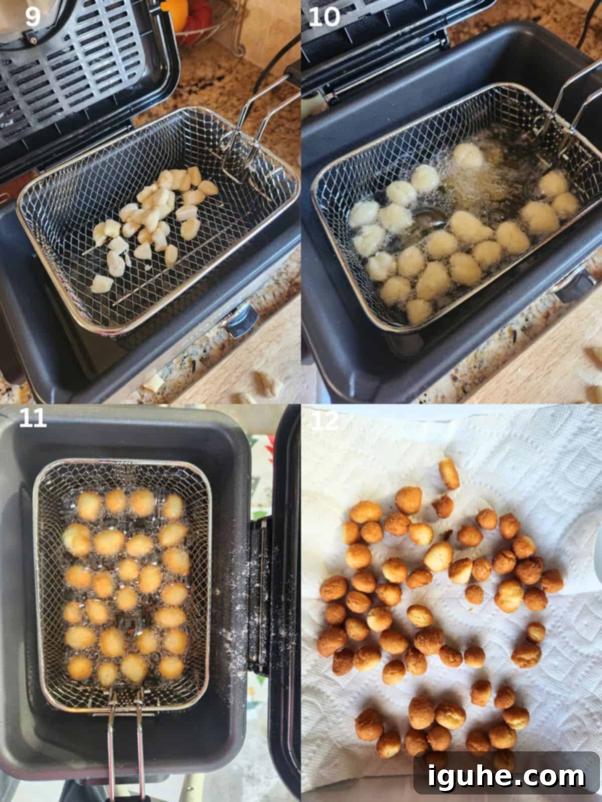 Honey-Drizzled Italian Dough Balls 6 A collage of 4 pictures showing how to fry small dough balls in an electric fryer until golden brown.