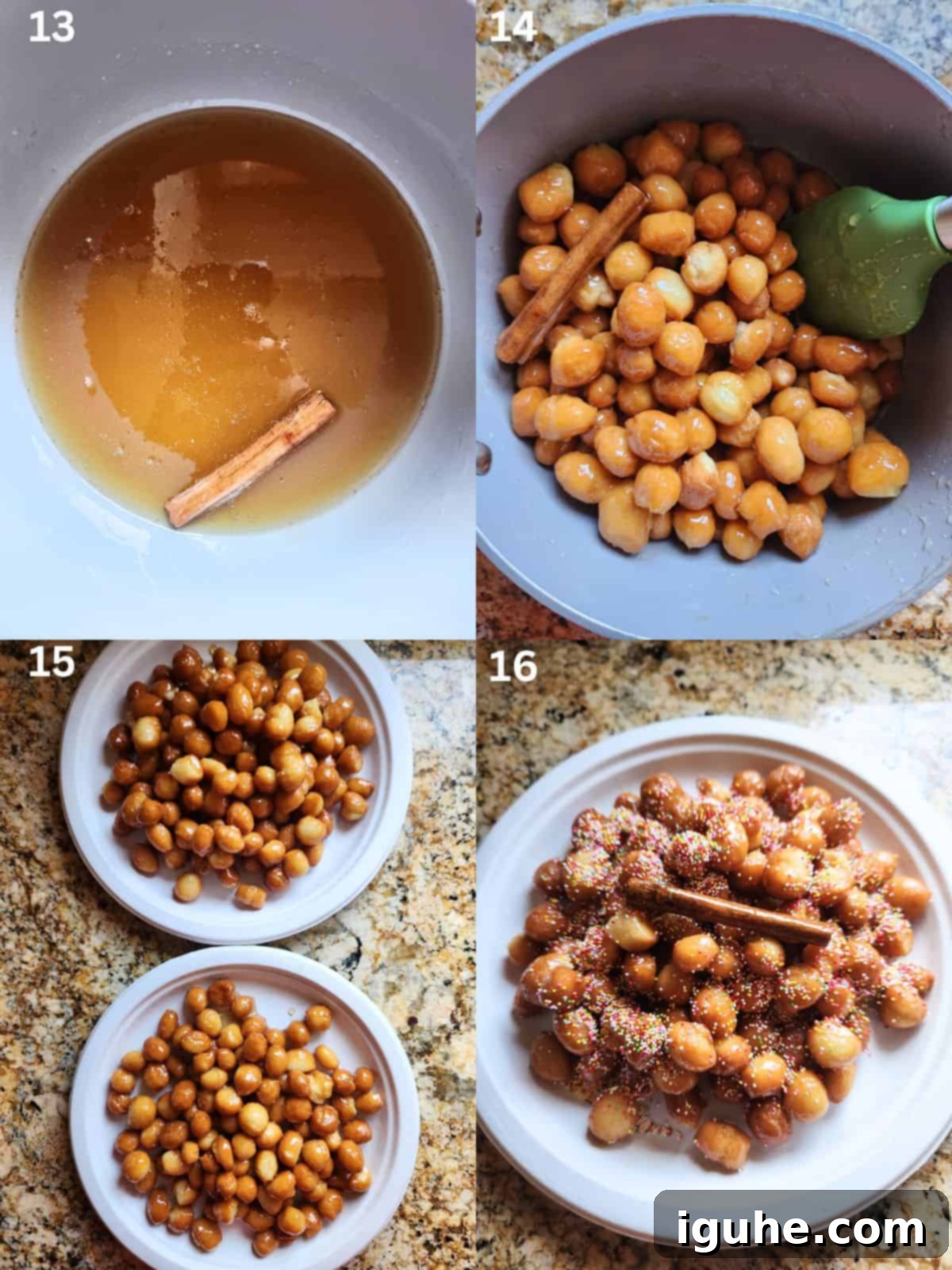 Honey-Drizzled Italian Dough Balls 7 A collage of 4 pictures showing how to gently warm the honey, toss the fried dough balls in the honey, and plate them for serving.