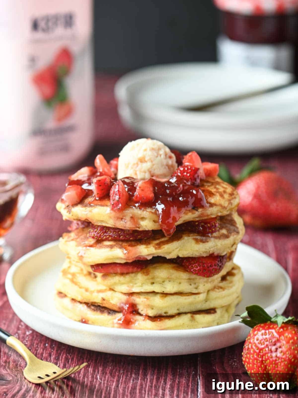 Strawberry Kefir Pancakes
Berry Bliss Kefir Pancakes 2 A tempting stack of strawberry kefir pancakes topped with luscious jammy strawberries.