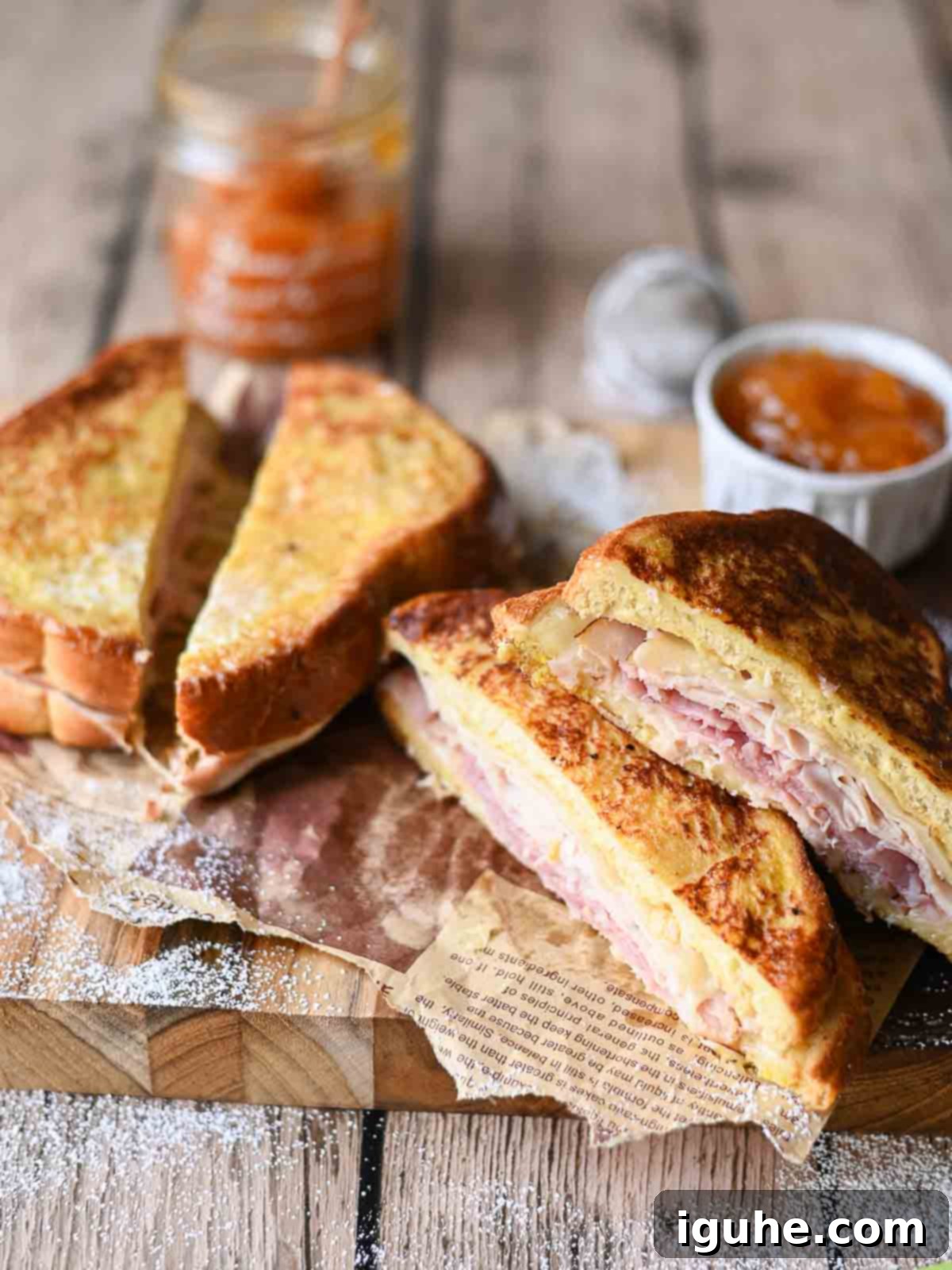 Golden brown Monte Cristo sandwiches on a wooden board with apricot jam, showcasing their delicious filling.