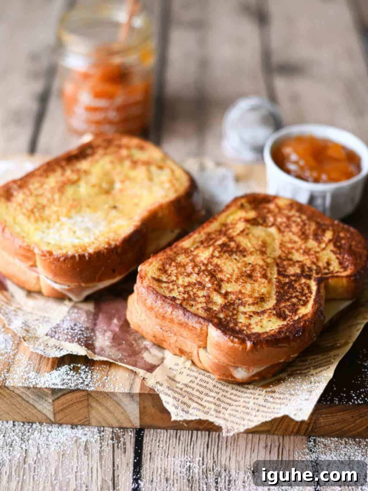 Close-up of two Monte Cristo sandwiches on a wooden board alongside a jar of apricot jam.